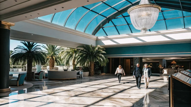 Casino hotel atrium with natural daylight streaming through glass ceiling