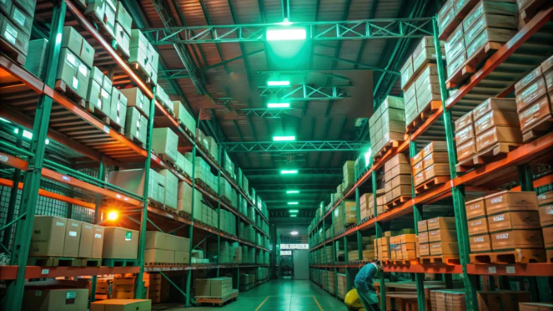 Industrial warehouse interior illuminated by natural daylight from Ciralight ceiling mounted tracking systems