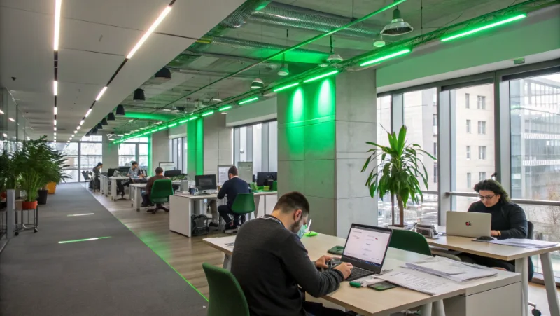 Modern office interior with employees working under natural daylight from Ciralight green lighting systems