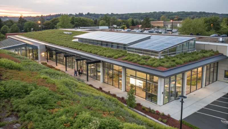 Sustainable commercial building with solar powered Ciralight skylights installed on green roof