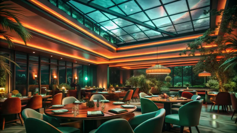 Modern casino restaurant dining area with natural daylight streaming through ceiling skylights