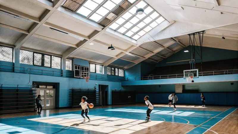 School gymnasium with students playing basketball under natural daylight from skylights