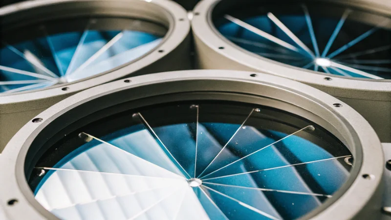 Close up view of triple mirror array system with prismatic diffusion lens