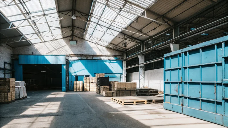 Industrial warehouse interior illuminated by natural daylight from ceiling skylights